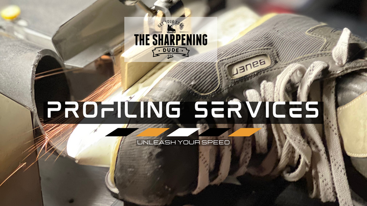 Custom skate profiling banner featuring profile charts, skate runners, and a digital machine interface—highlighting ProSharp, CAG One, and Sharpening Dude profiling options