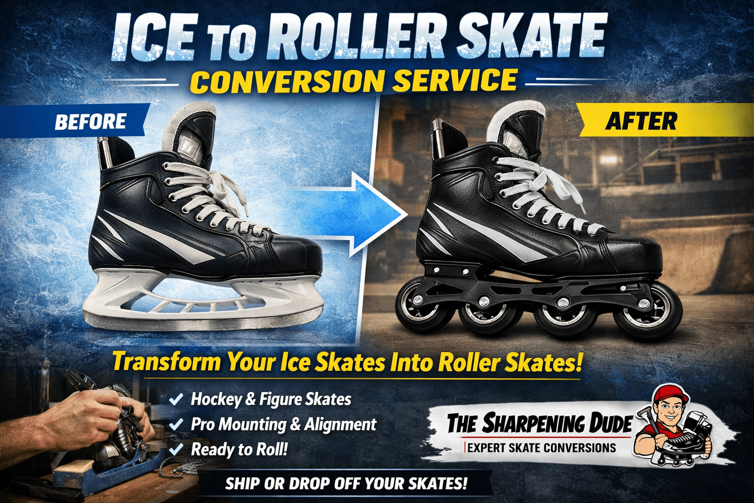 Ice to Roller Skate Conversion Service - The Sharpening Dude - Equipment Service